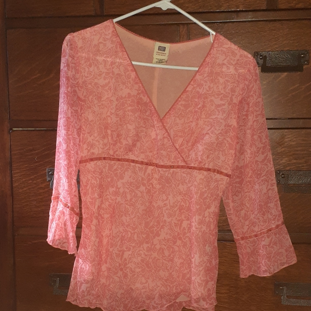 Small (4-6) sheer orange floral blouse.